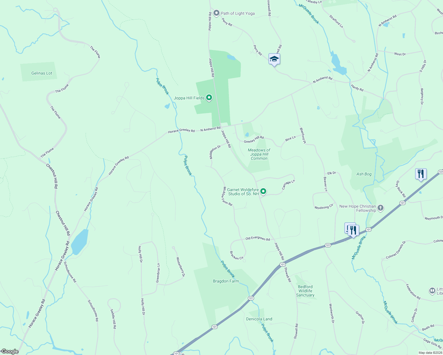 map of restaurants, bars, coffee shops, grocery stores, and more near 3 Newbury Ln in Bedford