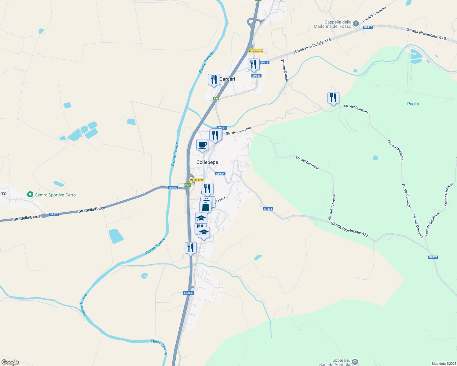 map of restaurants, bars, coffee shops, grocery stores, and more near 10 Via Perugina in Collepepe