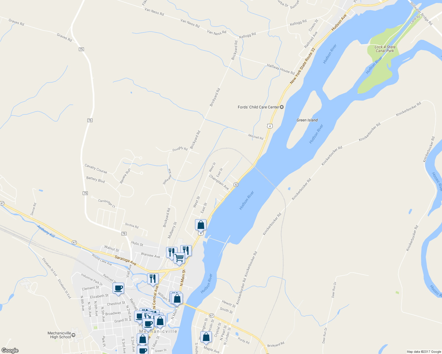 map of restaurants, bars, coffee shops, grocery stores, and more near 93 East Street in Mechanicville