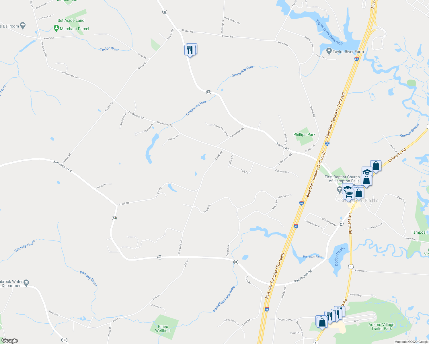 map of restaurants, bars, coffee shops, grocery stores, and more near 8 Crank Road in Hampton Falls