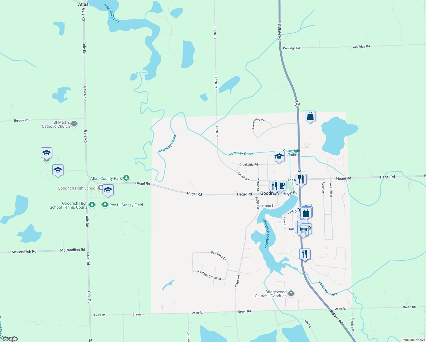 map of restaurants, bars, coffee shops, grocery stores, and more near 7400 Dutch Road in Goodrich