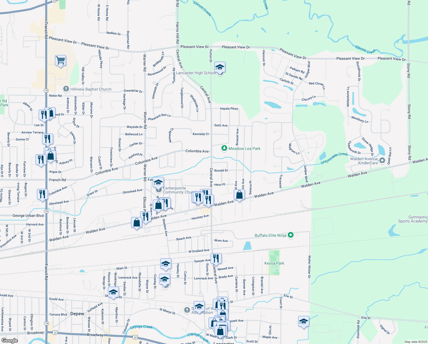 map of restaurants, bars, coffee shops, grocery stores, and more near 415 Central Ave in Lancaster