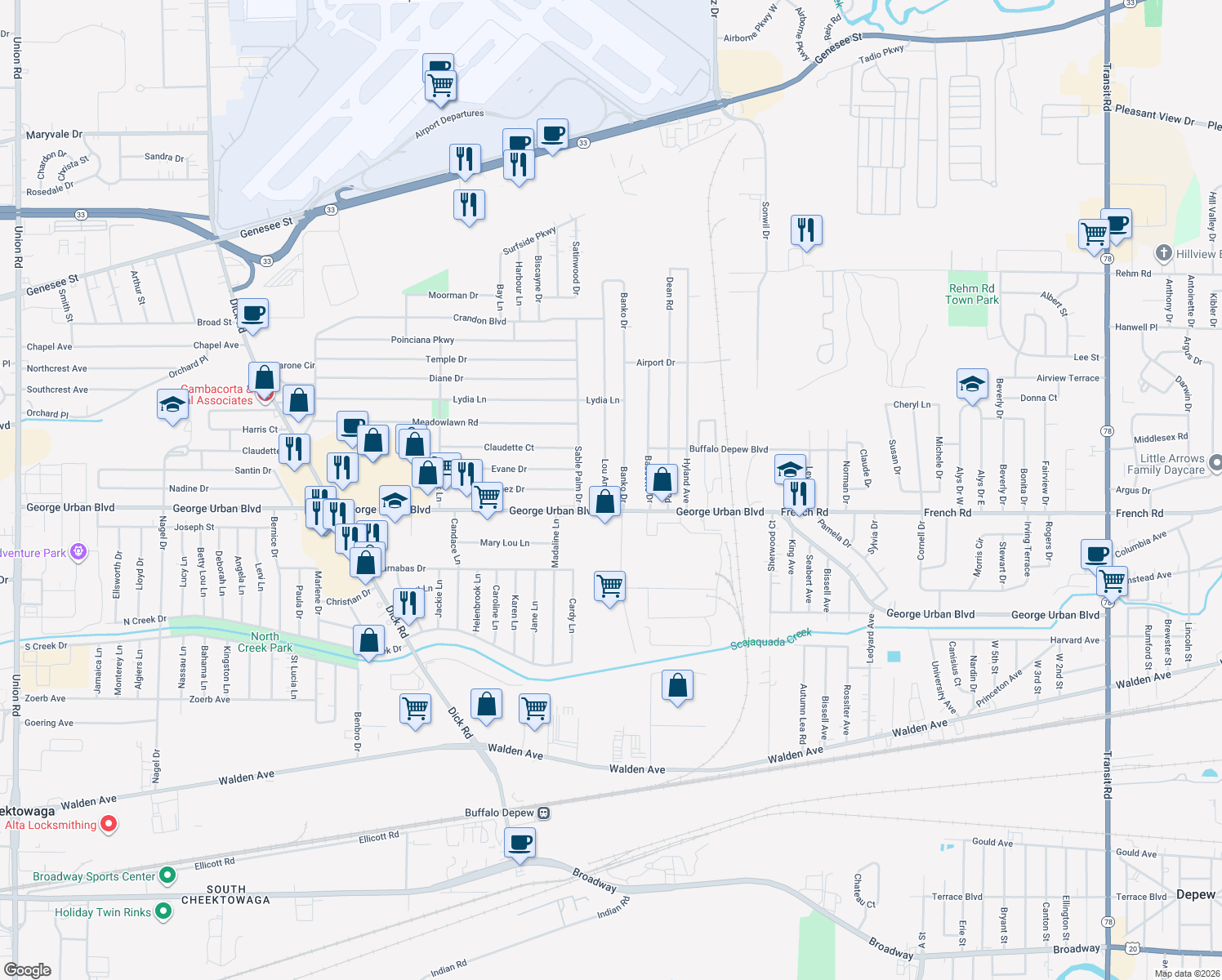 map of restaurants, bars, coffee shops, grocery stores, and more near 19 Lou Ann Drive in Depew