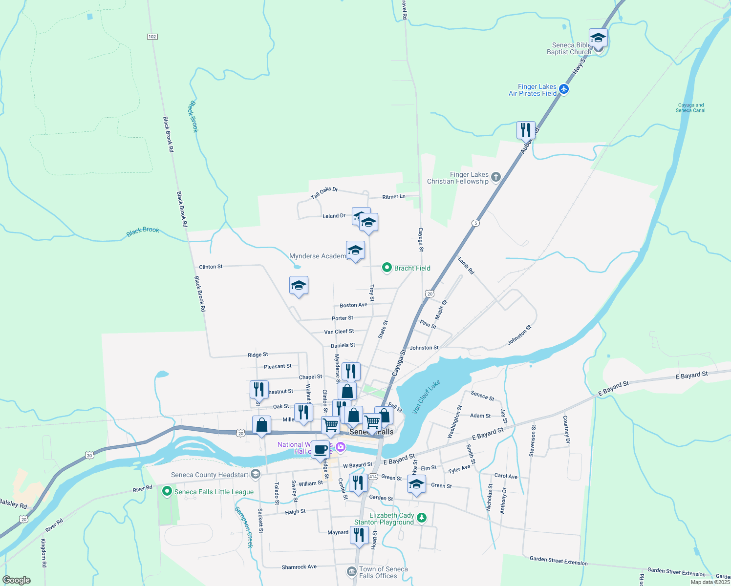map of restaurants, bars, coffee shops, grocery stores, and more near 79 Troy Street in Seneca Falls
