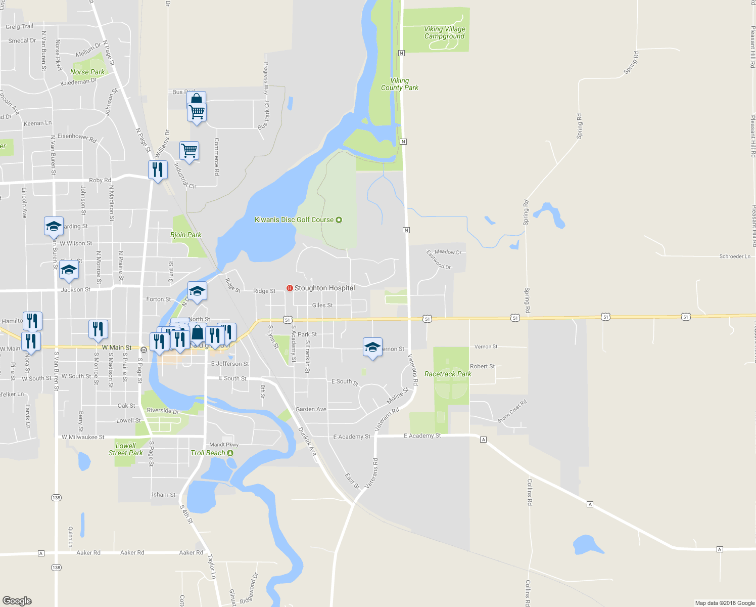 map of restaurants, bars, coffee shops, grocery stores, and more near 956 U.S. 51 in Stoughton