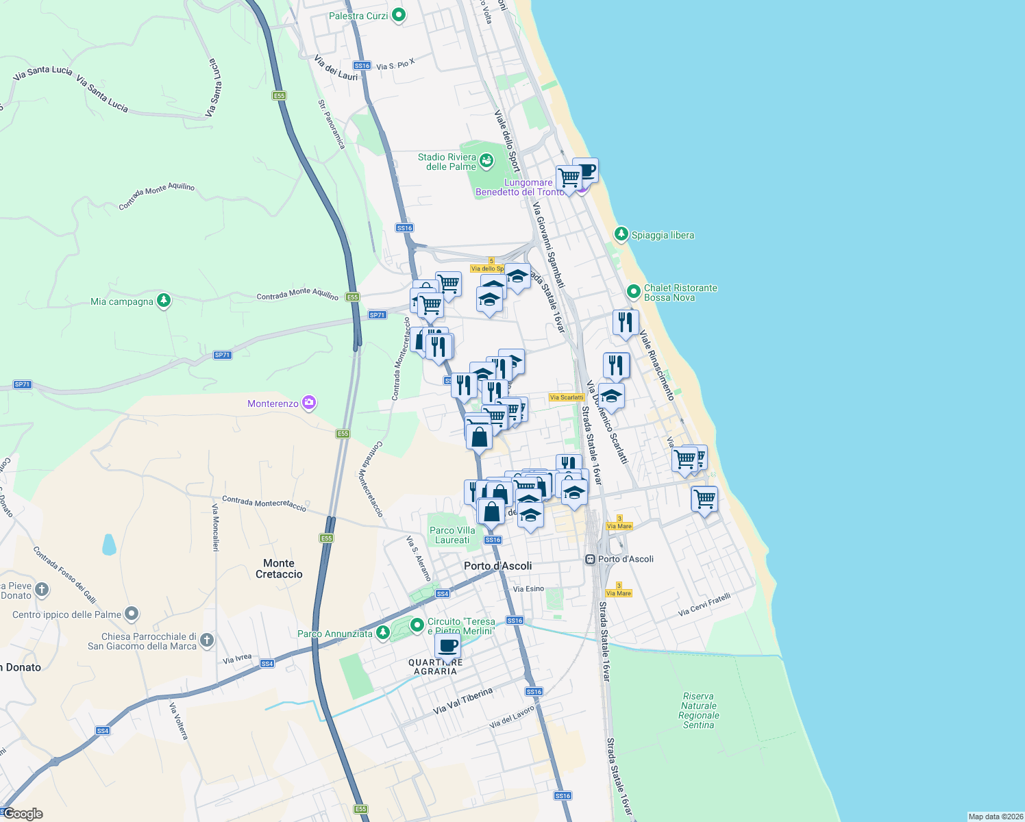 map of restaurants, bars, coffee shops, grocery stores, and more near 199 Viale dello Sport in San Benedetto del Tronto