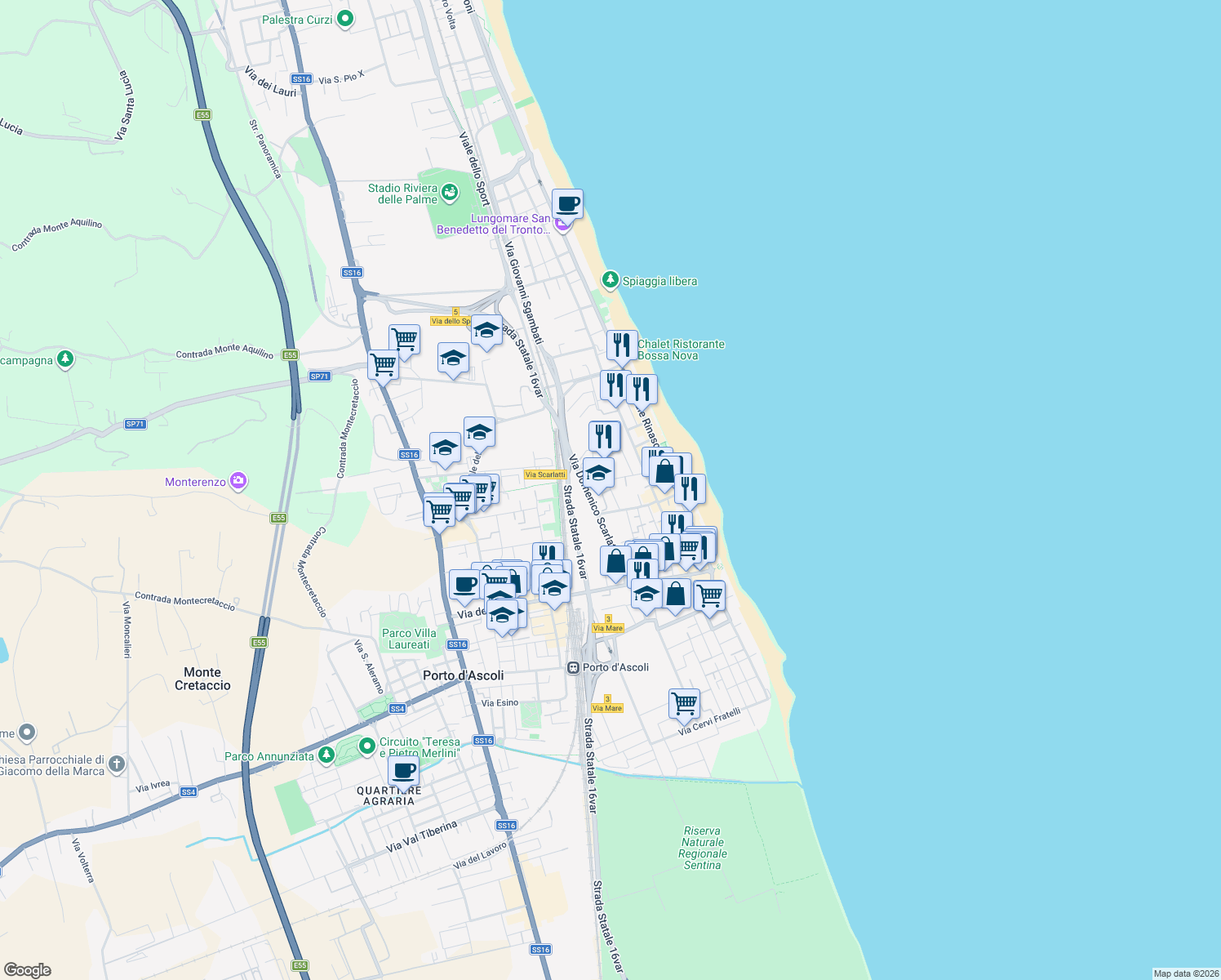 map of restaurants, bars, coffee shops, grocery stores, and more near 17 Via Niccolò Paganini in San Benedetto del Tronto
