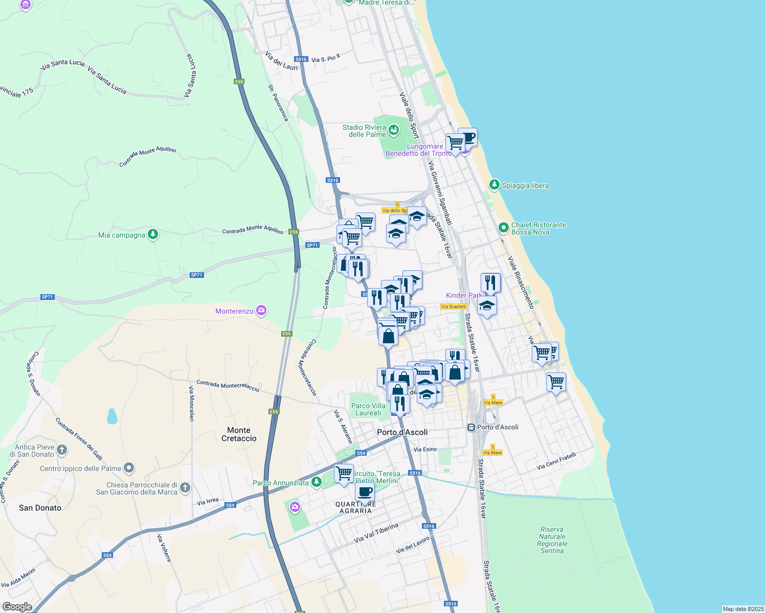 map of restaurants, bars, coffee shops, grocery stores, and more near 27B Via Cesare Luciano Gabrielli in San Benedetto del Tronto