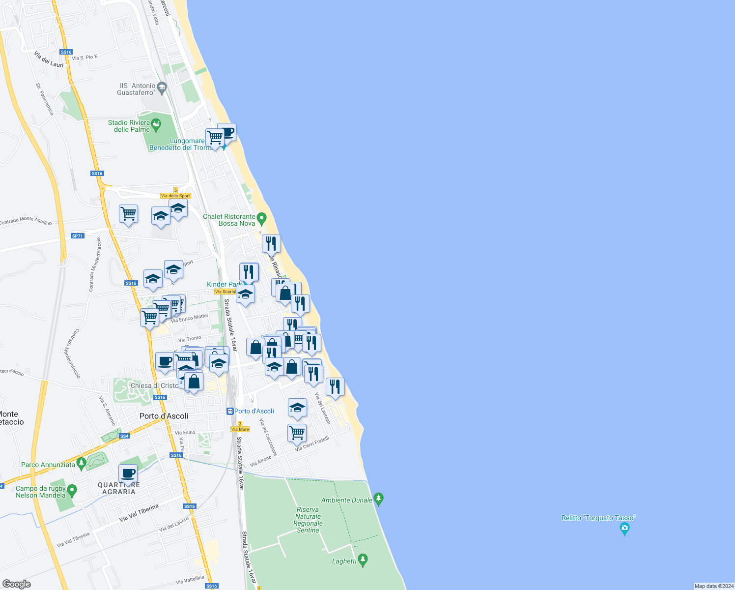 map of restaurants, bars, coffee shops, grocery stores, and more near 33 Viale Rinascimento in San Benedetto del Tronto