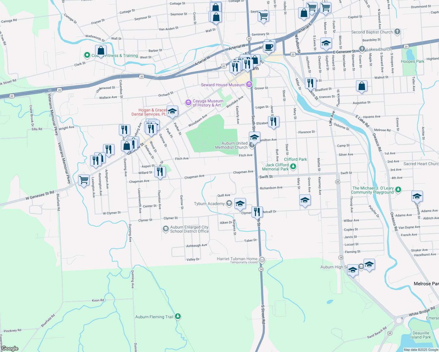 map of restaurants, bars, coffee shops, grocery stores, and more near 34 Chapman Avenue in Auburn