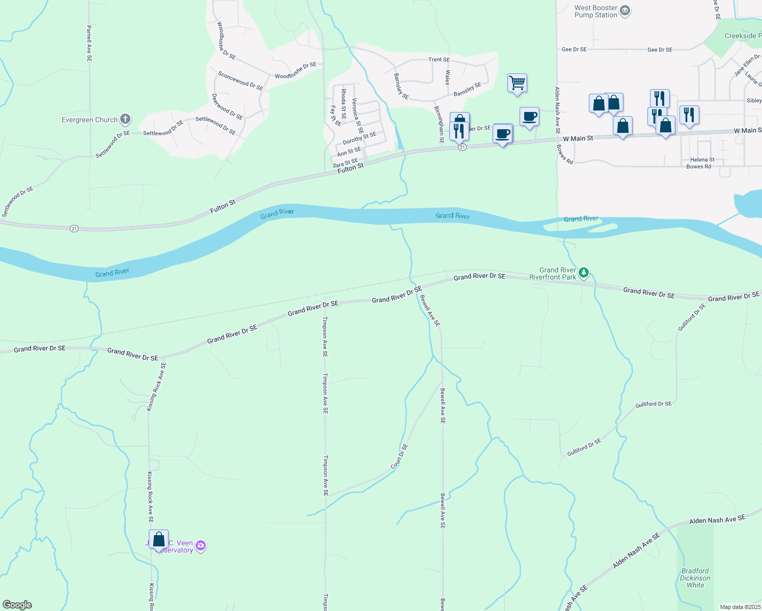 map of restaurants, bars, coffee shops, grocery stores, and more near 11384 Grand River Drive Southeast in Lowell