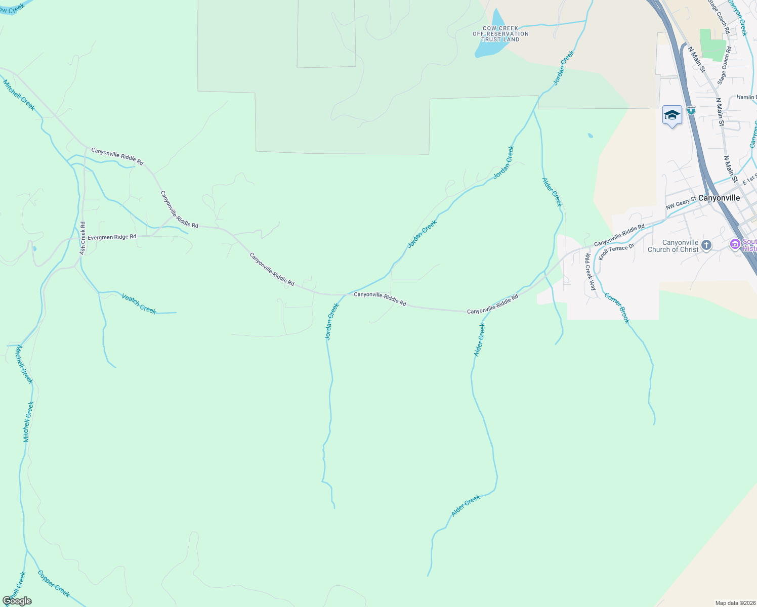map of restaurants, bars, coffee shops, grocery stores, and more near 1482 Canyonville-Riddle Road in Riddle