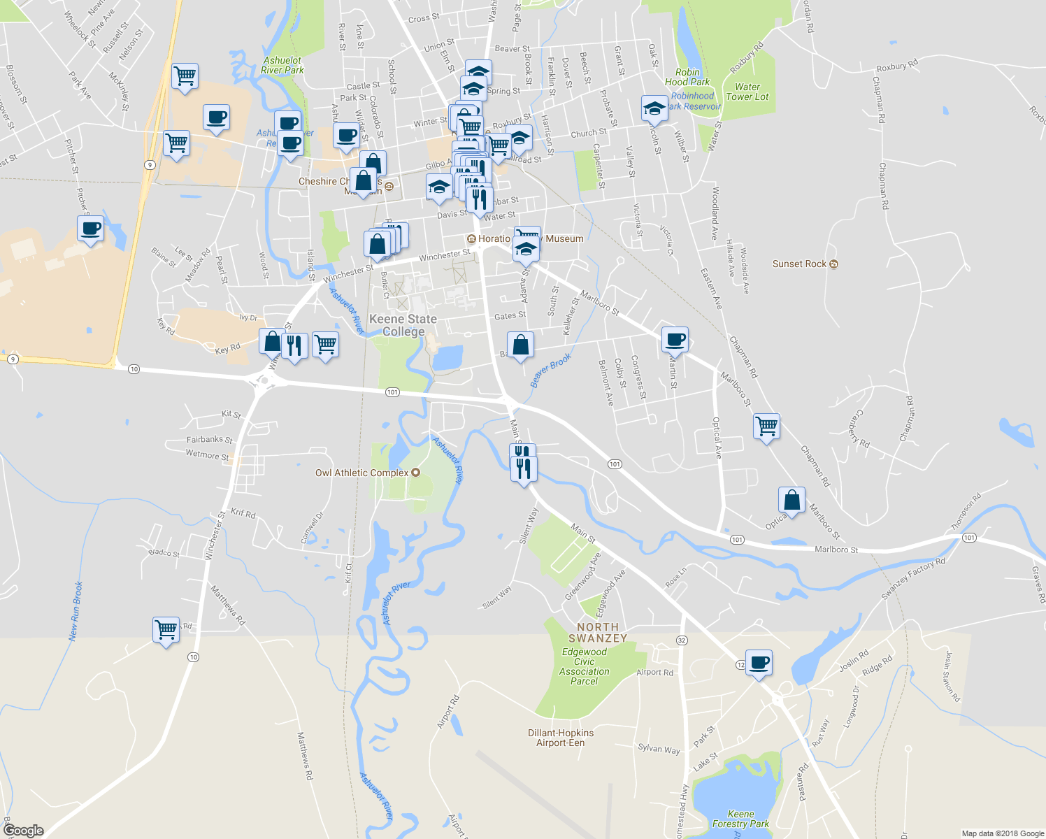 map of restaurants, bars, coffee shops, grocery stores, and more near 492 Main Street in Keene