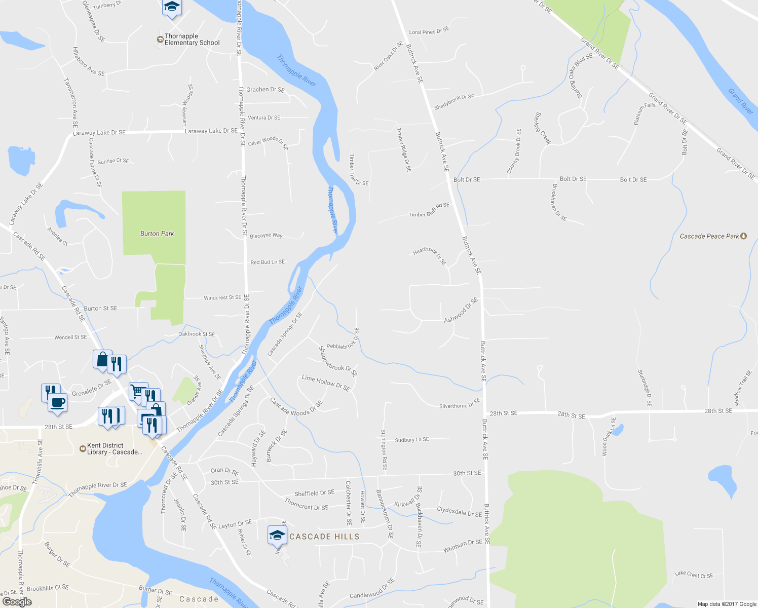 map of restaurants, bars, coffee shops, grocery stores, and more near 7685 Wood Violet Court Southeast in Ada