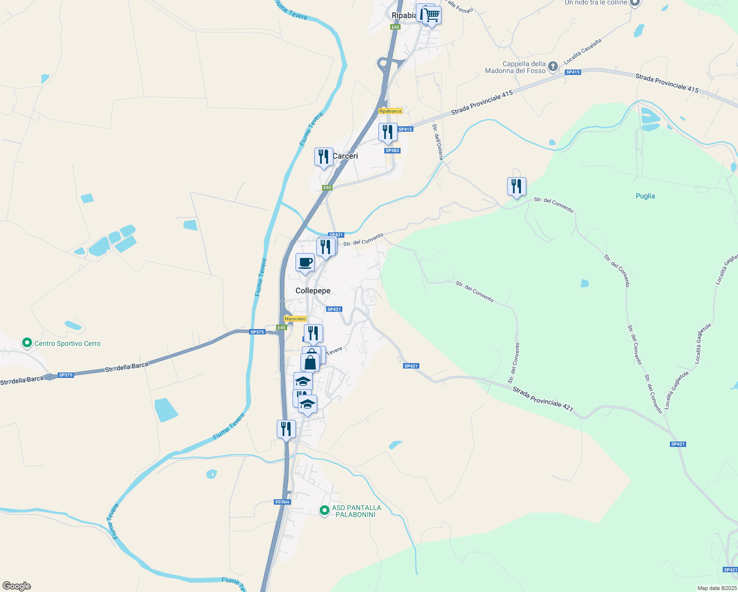 map of restaurants, bars, coffee shops, grocery stores, and more near 3 Piazza Giuseppe Garibaldi in Collepepe