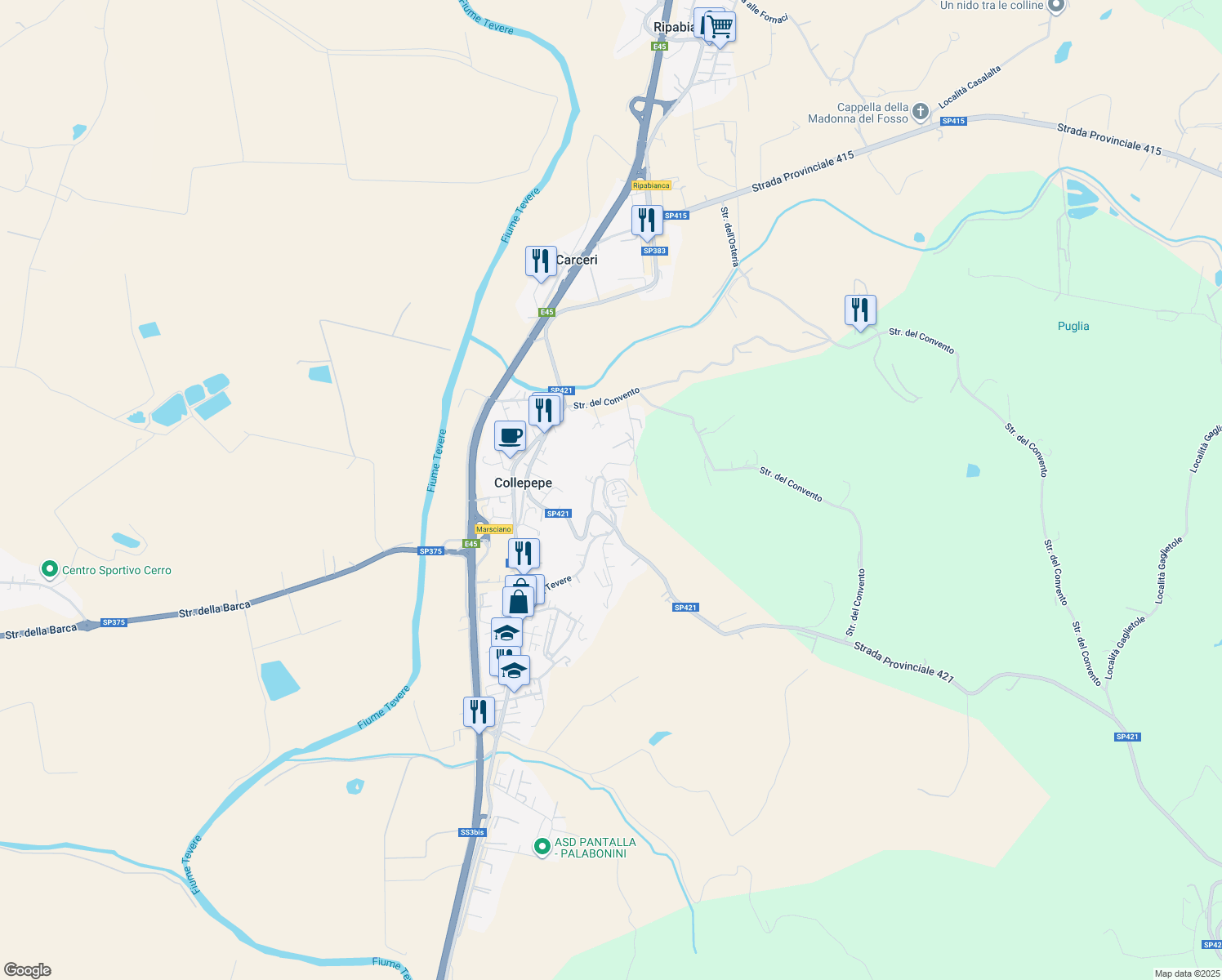 map of restaurants, bars, coffee shops, grocery stores, and more near 3 Piazza Giuseppe Garibaldi in Collepepe