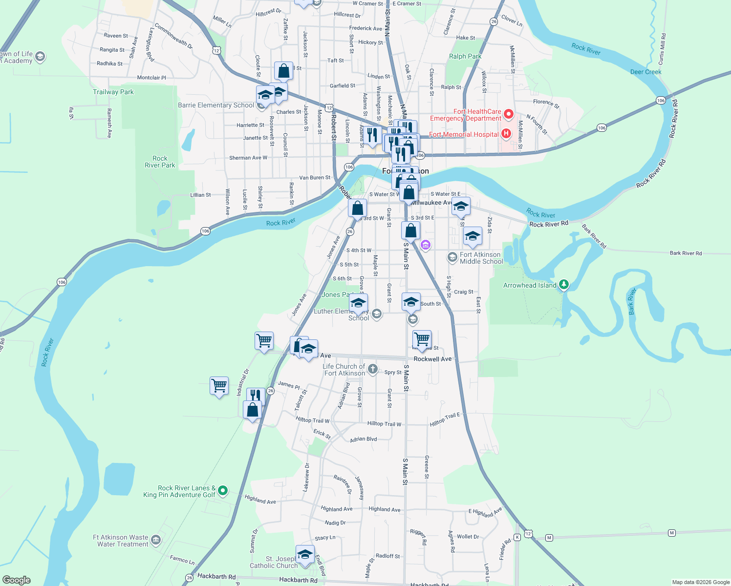 map of restaurants, bars, coffee shops, grocery stores, and more near 619 Grove St in Fort Atkinson