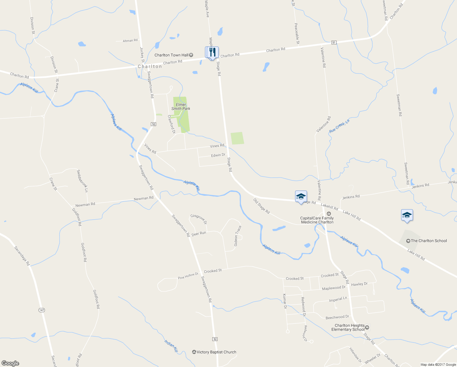 map of restaurants, bars, coffee shops, grocery stores, and more near 381 Stage Road in Ballston Lake