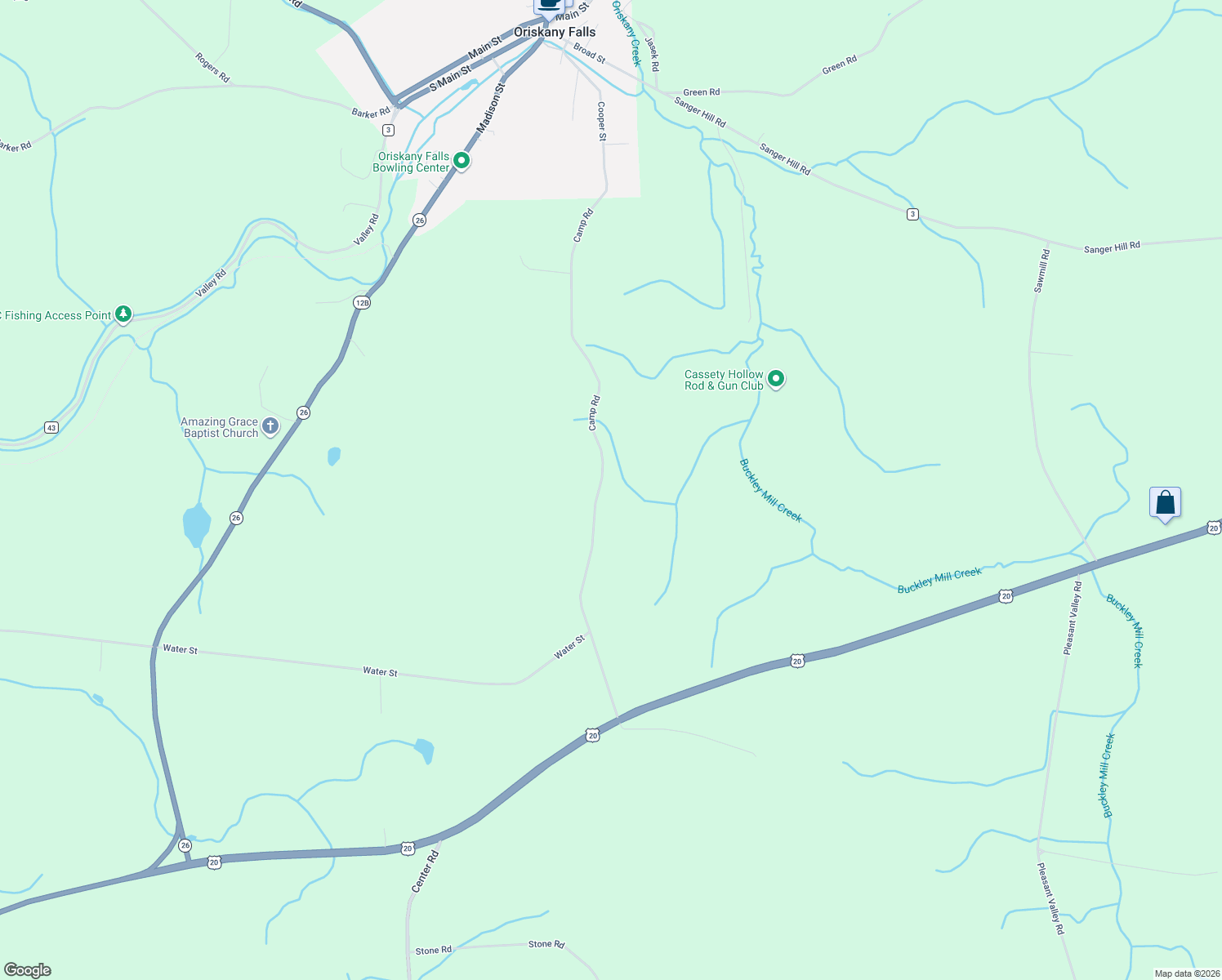 map of restaurants, bars, coffee shops, grocery stores, and more near 4112 Camp Road in Oriskany Falls