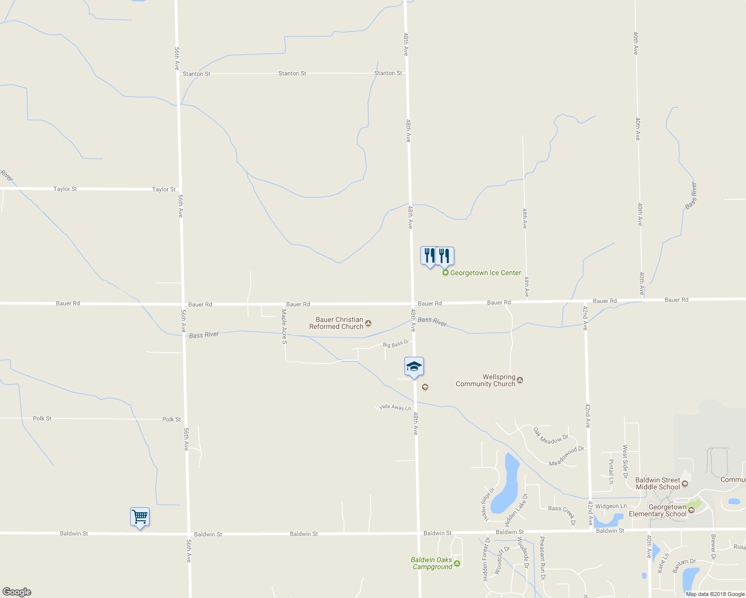 map of restaurants, bars, coffee shops, grocery stores, and more near 4945 Bauer Road in Hudsonville
