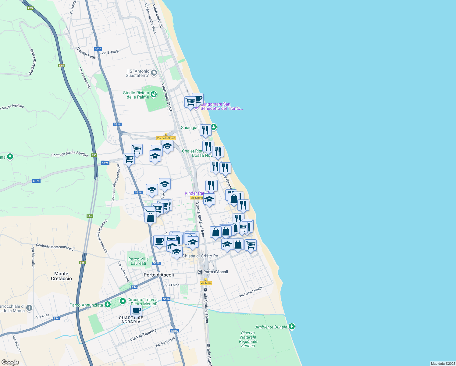 map of restaurants, bars, coffee shops, grocery stores, and more near 83 Viale Rinascimento in San Benedetto del Tronto