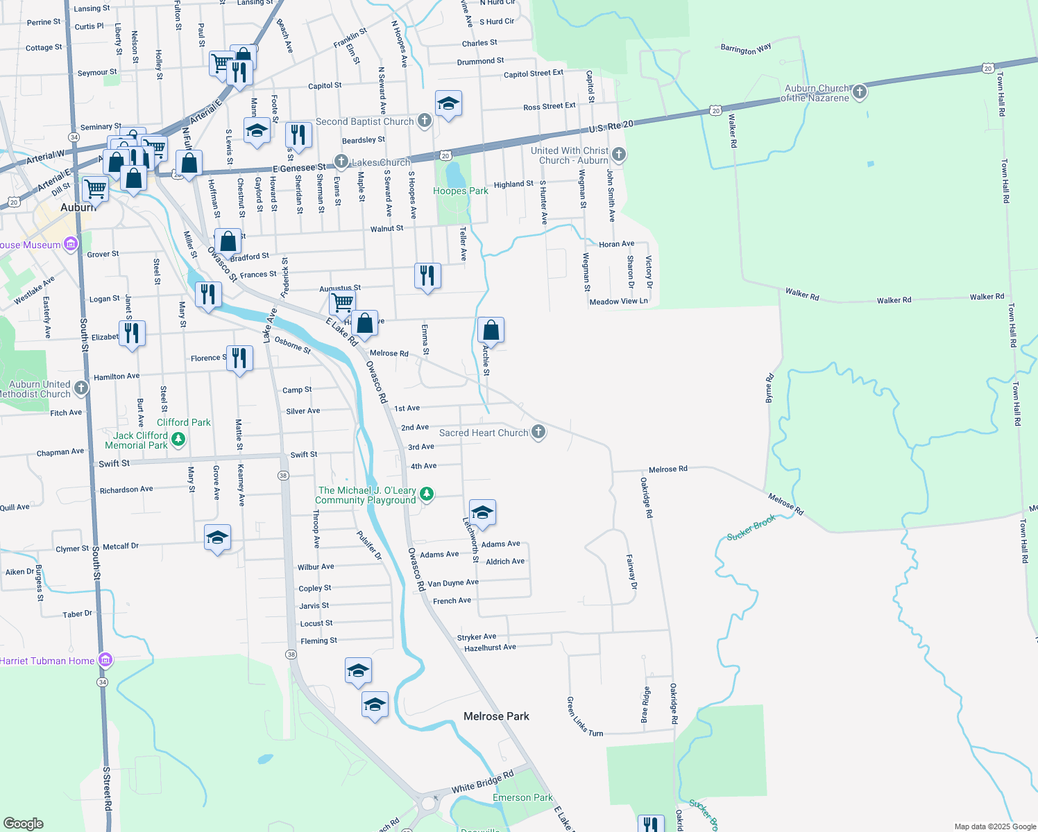 map of restaurants, bars, coffee shops, grocery stores, and more near 70 Melrose Road in Auburn
