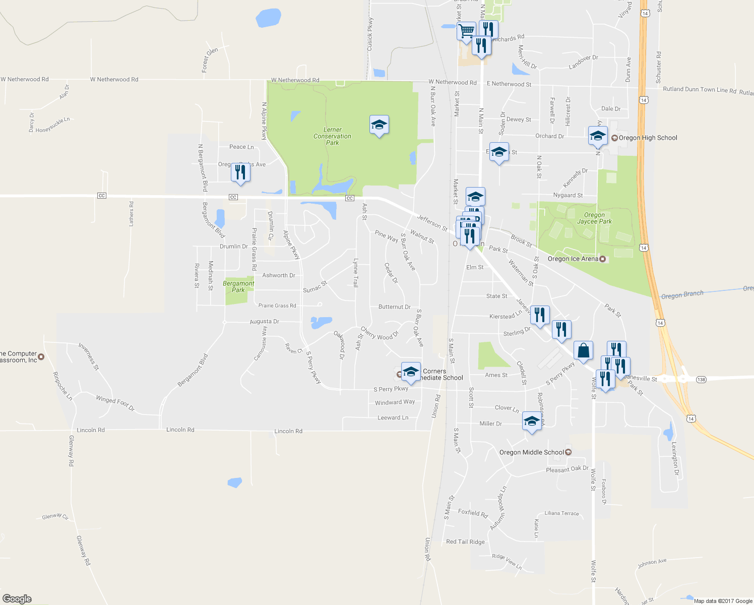 map of restaurants, bars, coffee shops, grocery stores, and more near 486 Butternut Drive in Oregon