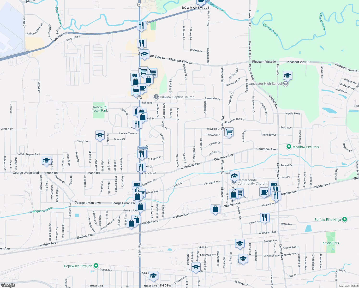 map of restaurants, bars, coffee shops, grocery stores, and more near 99 Marrano Drive in Depew