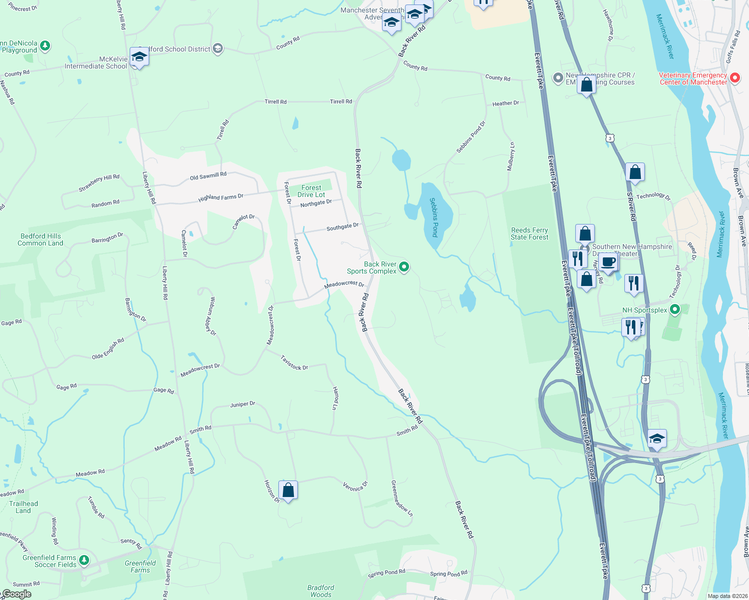map of restaurants, bars, coffee shops, grocery stores, and more near 180 Back River Road in Bedford