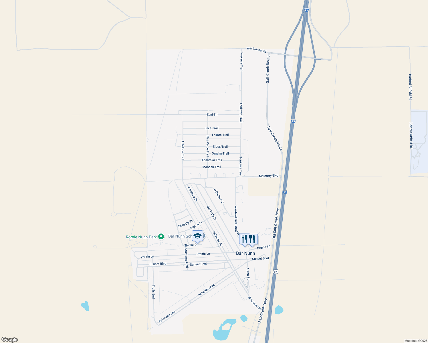 map of restaurants, bars, coffee shops, grocery stores, and more near 5310 Apache Circle in Bar Nunn