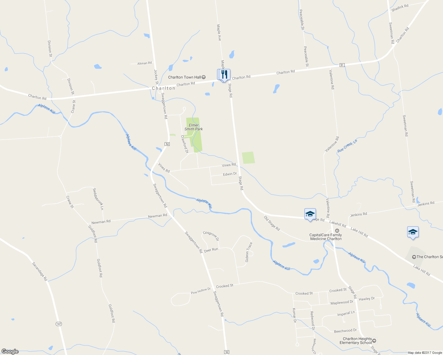 map of restaurants, bars, coffee shops, grocery stores, and more near 11 Edwin Drive in Ballston Lake