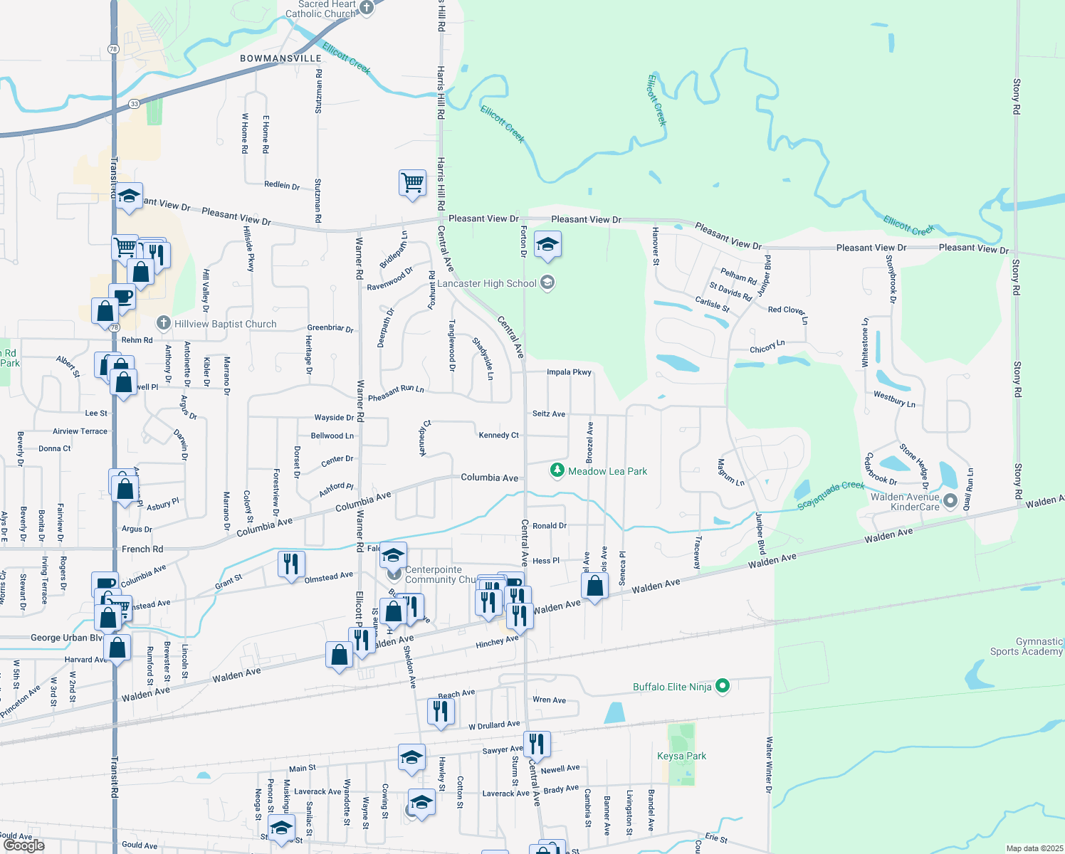 map of restaurants, bars, coffee shops, grocery stores, and more near 483 Central Ave in Lancaster