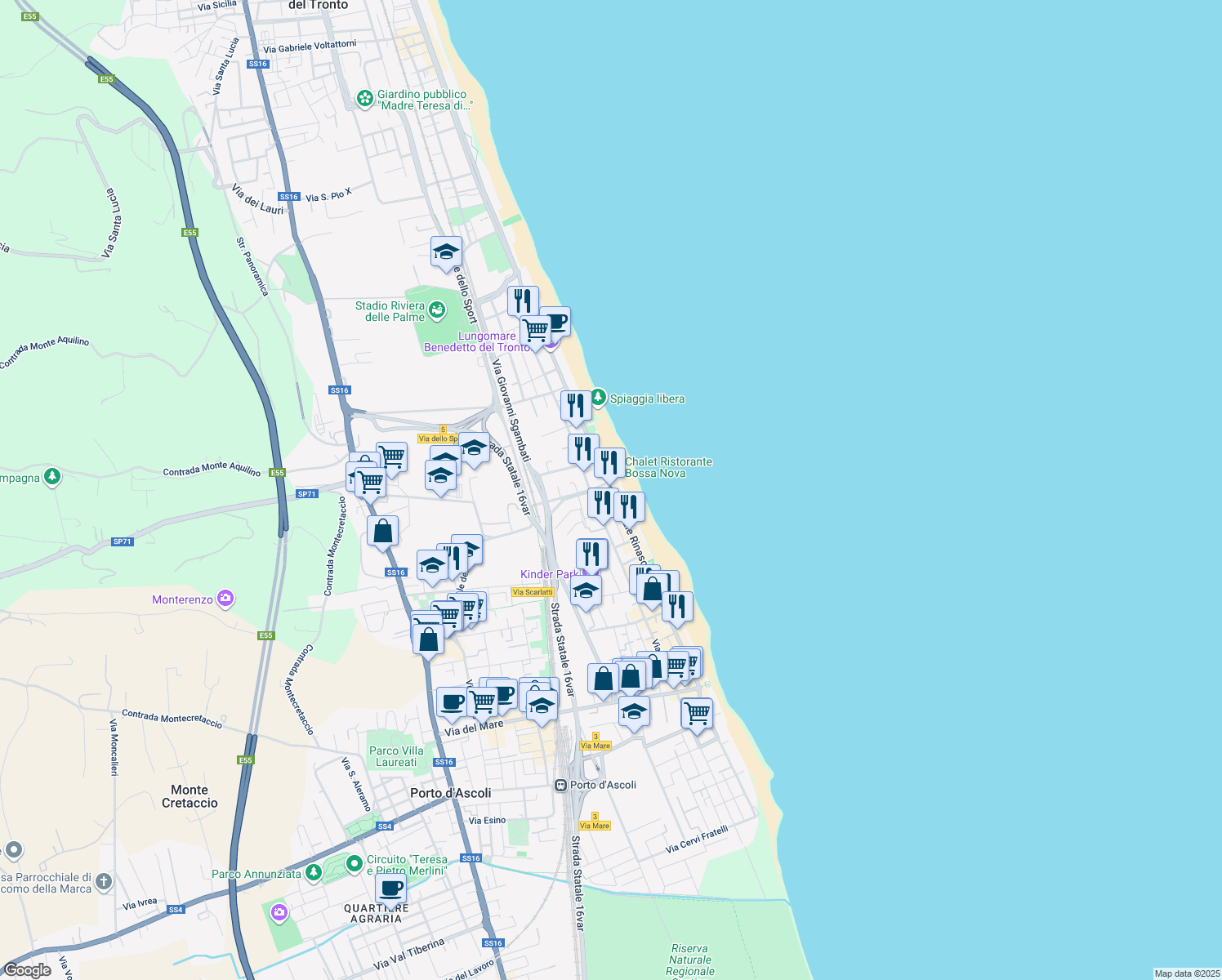 map of restaurants, bars, coffee shops, grocery stores, and more near 125 Viale Rinascimento in San Benedetto del Tronto