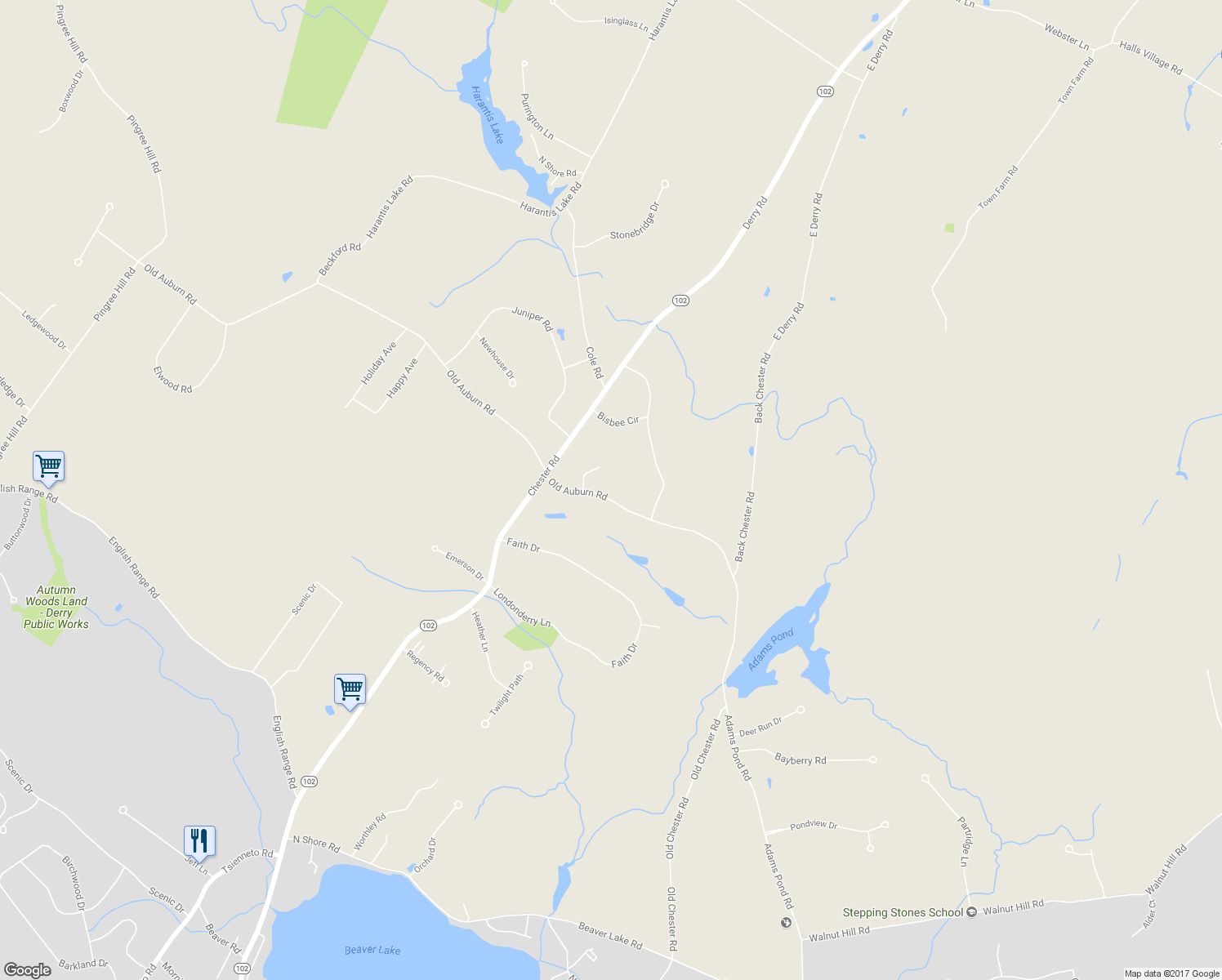 map of restaurants, bars, coffee shops, grocery stores, and more near 19 Old Auburn Road in Derry