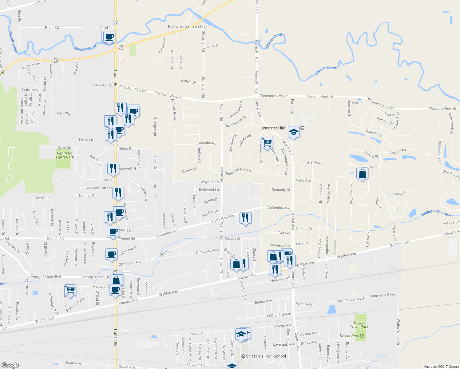 map of restaurants, bars, coffee shops, grocery stores, and more near 76 Doehaven Circle in Depew