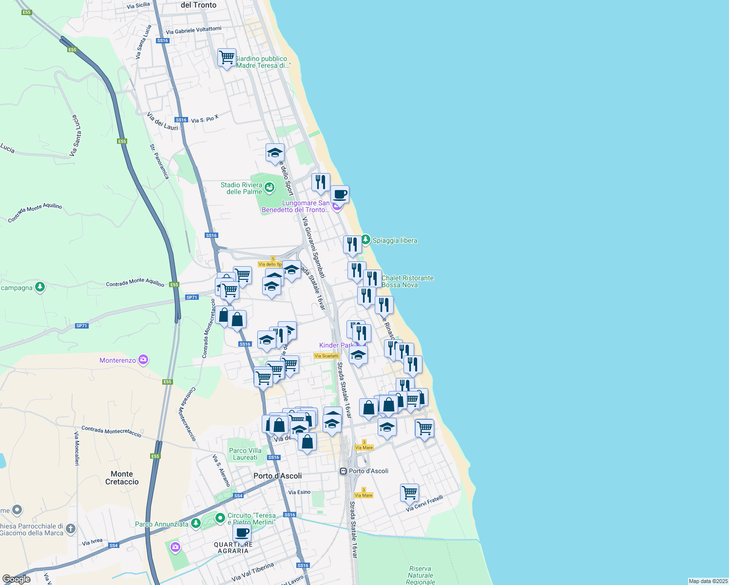 map of restaurants, bars, coffee shops, grocery stores, and more near 125 Viale Rinascimento in San Benedetto del Tronto