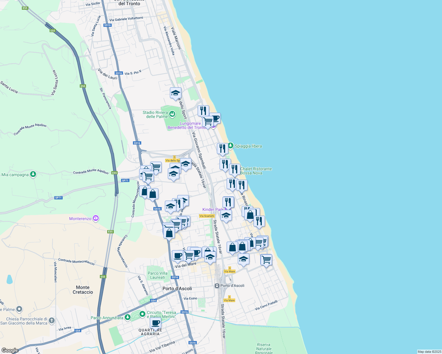 map of restaurants, bars, coffee shops, grocery stores, and more near 10 Via Amilcare Ponchielli in San Benedetto del Tronto
