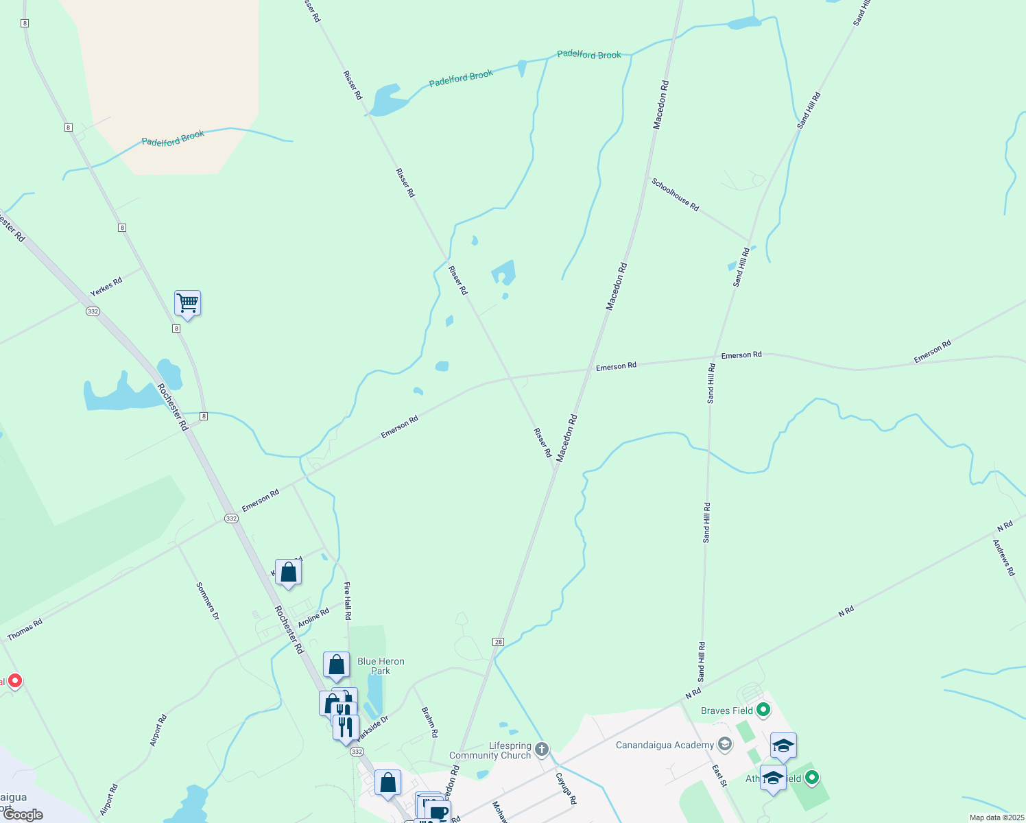 map of restaurants, bars, coffee shops, grocery stores, and more near 2176 Risser Road in Canandaigua