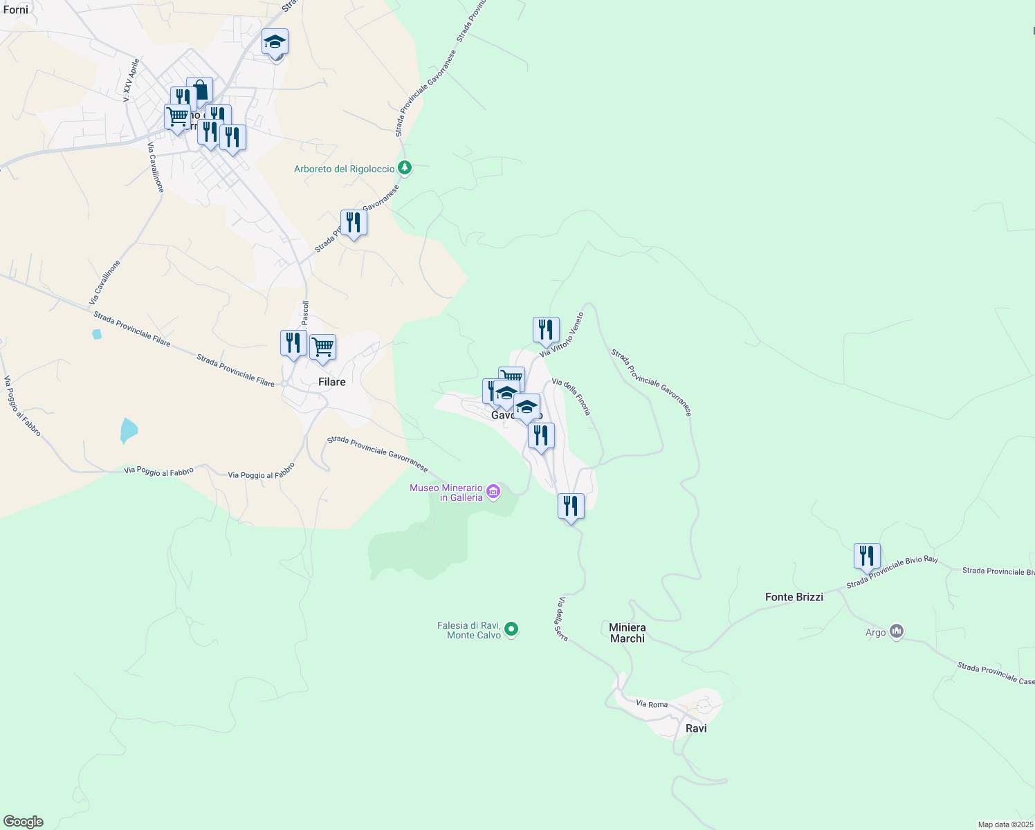 map of restaurants, bars, coffee shops, grocery stores, and more near in Gavorrano