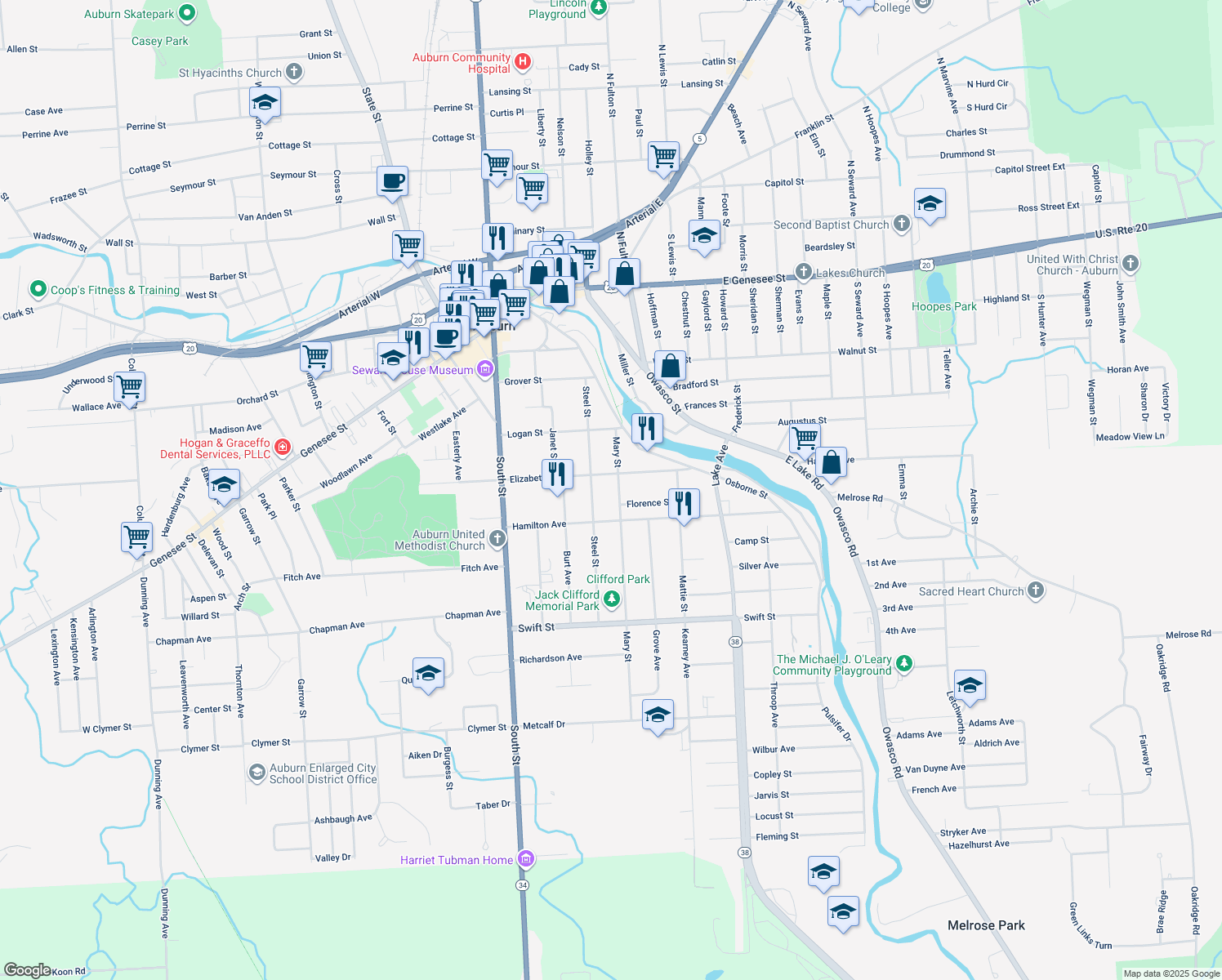 map of restaurants, bars, coffee shops, grocery stores, and more near 27 Mary Street in Auburn