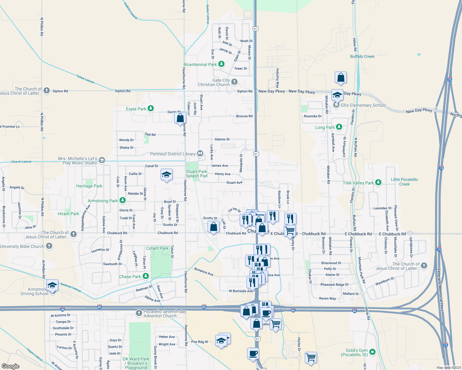 map of restaurants, bars, coffee shops, grocery stores, and more near 231 Stuart Ave in Pocatello