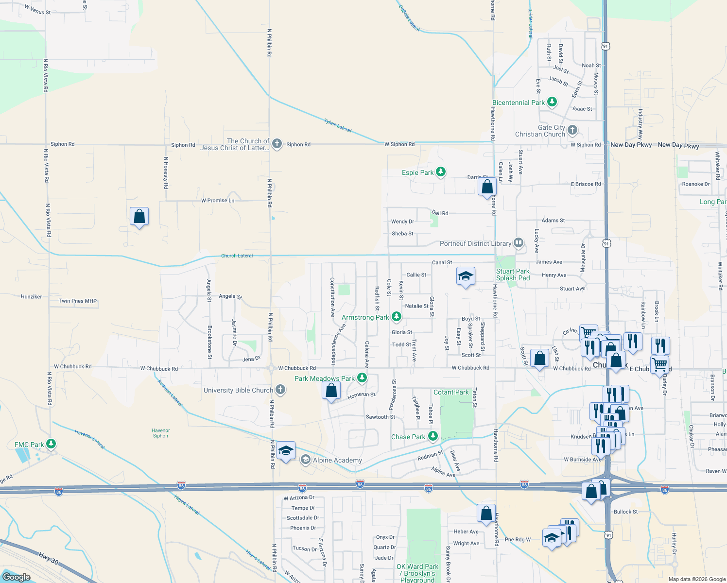 map of restaurants, bars, coffee shops, grocery stores, and more near 5065 Galena Avenue in Pocatello