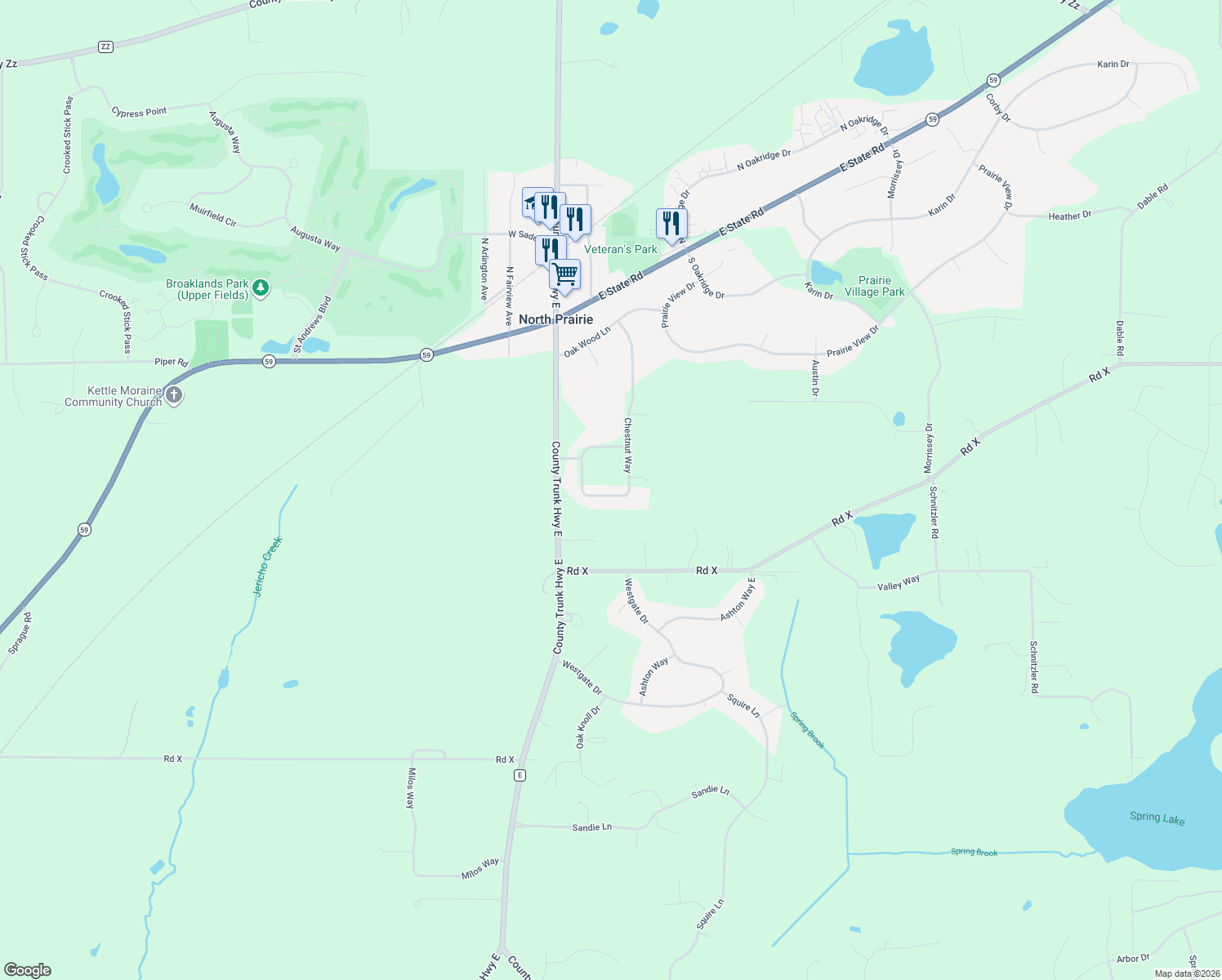 map of restaurants, bars, coffee shops, grocery stores, and more near 132 Chestnut Way in North Prairie