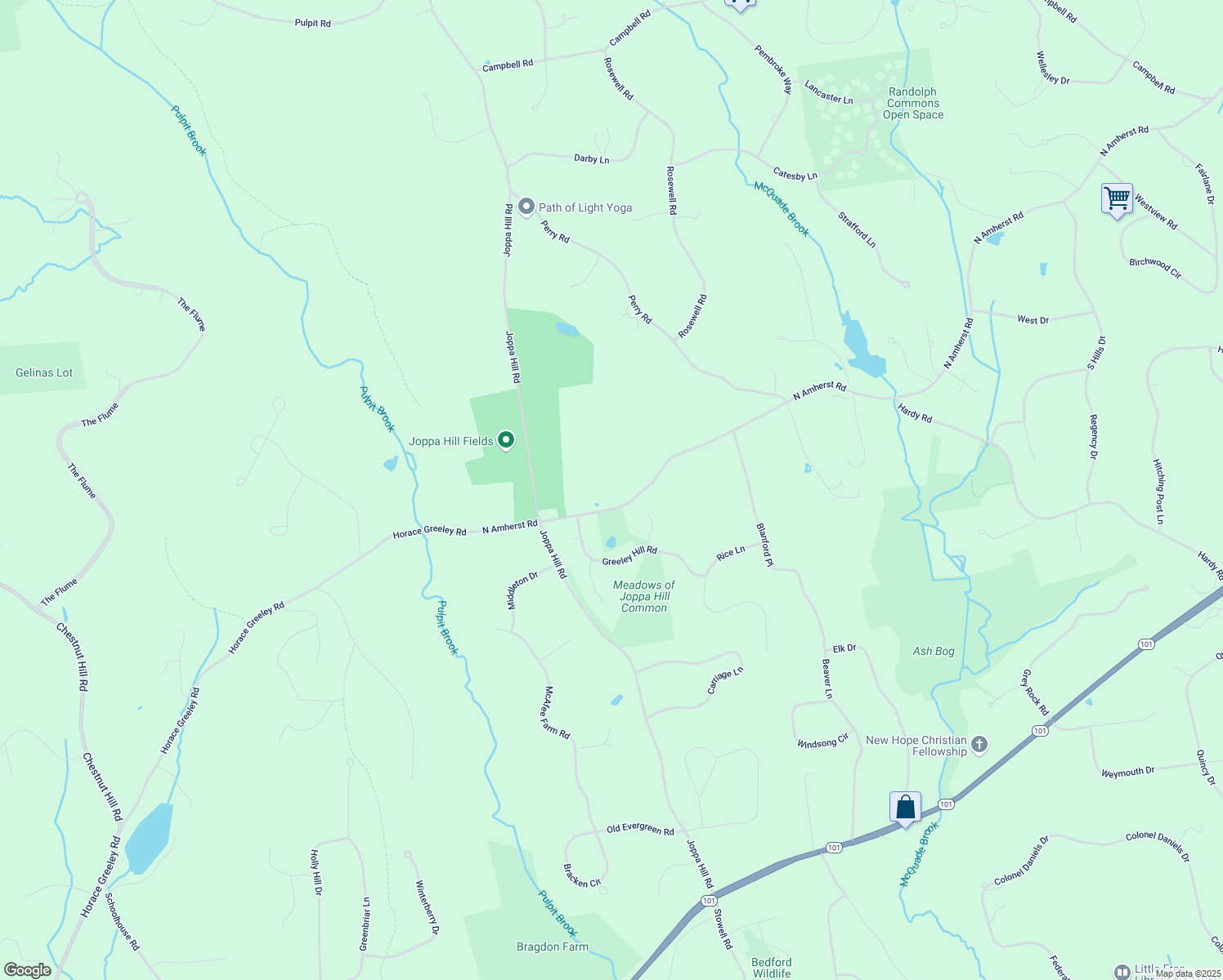 map of restaurants, bars, coffee shops, grocery stores, and more near 343 North Amherst Road in Bedford