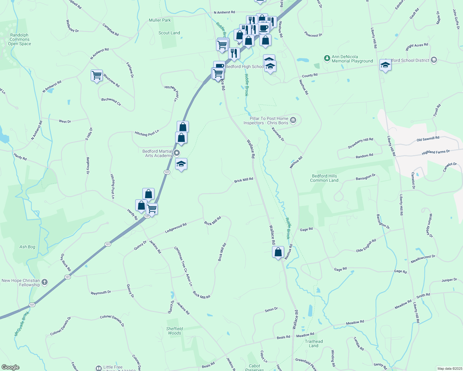 map of restaurants, bars, coffee shops, grocery stores, and more near 18 Brick Mill Road in Bedford