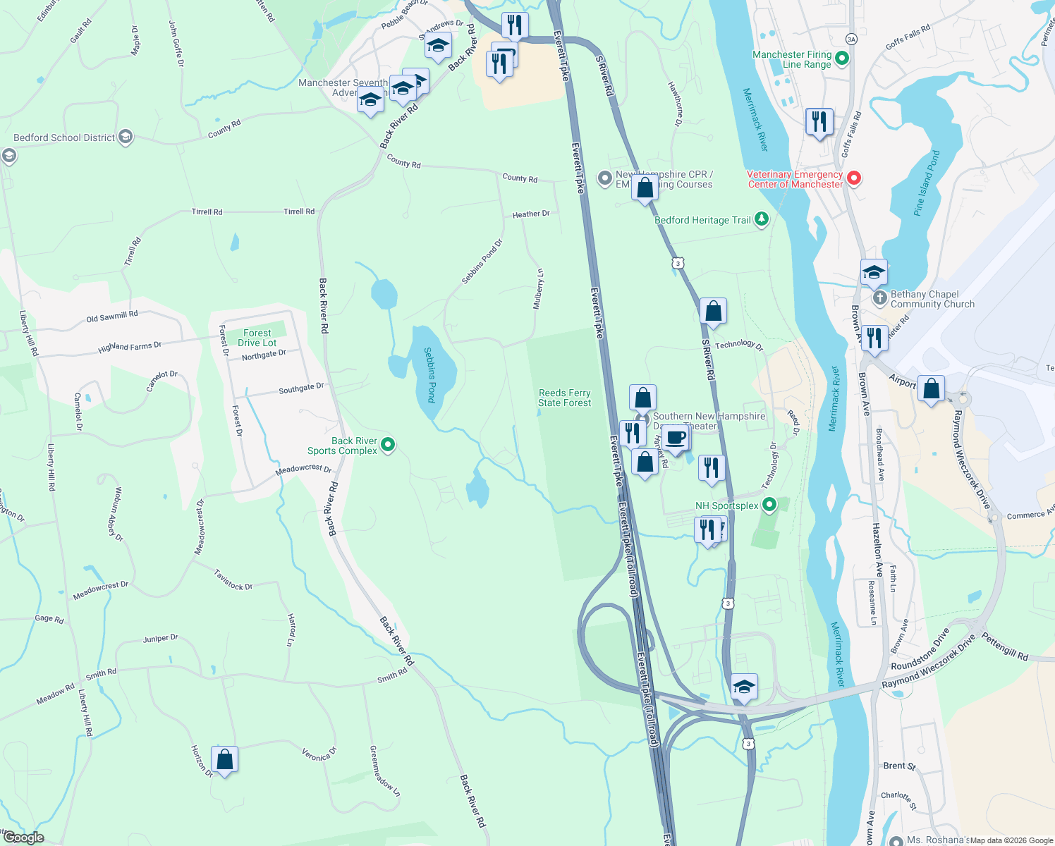 map of restaurants, bars, coffee shops, grocery stores, and more near 77 Sandy Pond Parkway in Bedford