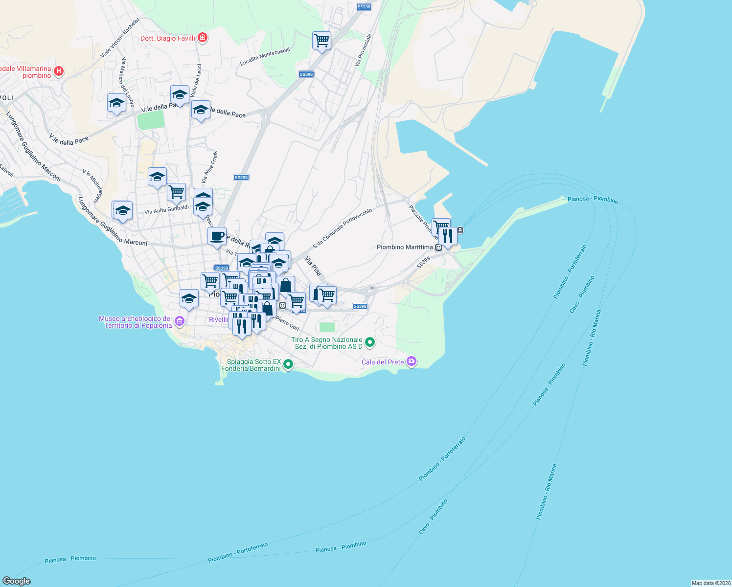 map of restaurants, bars, coffee shops, grocery stores, and more near Viale Regina Margherita in Piombino