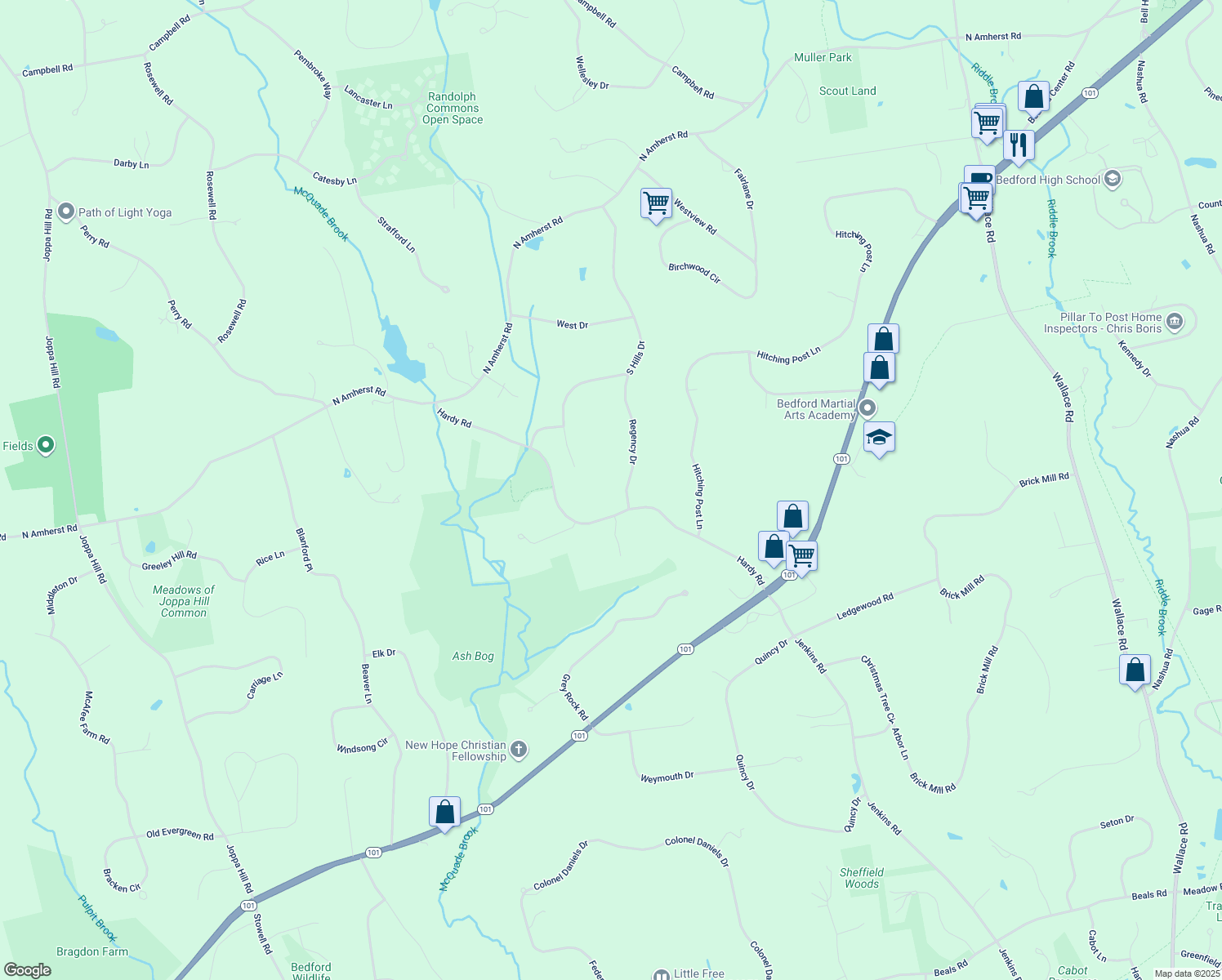 map of restaurants, bars, coffee shops, grocery stores, and more near 35 Regency Drive in Bedford