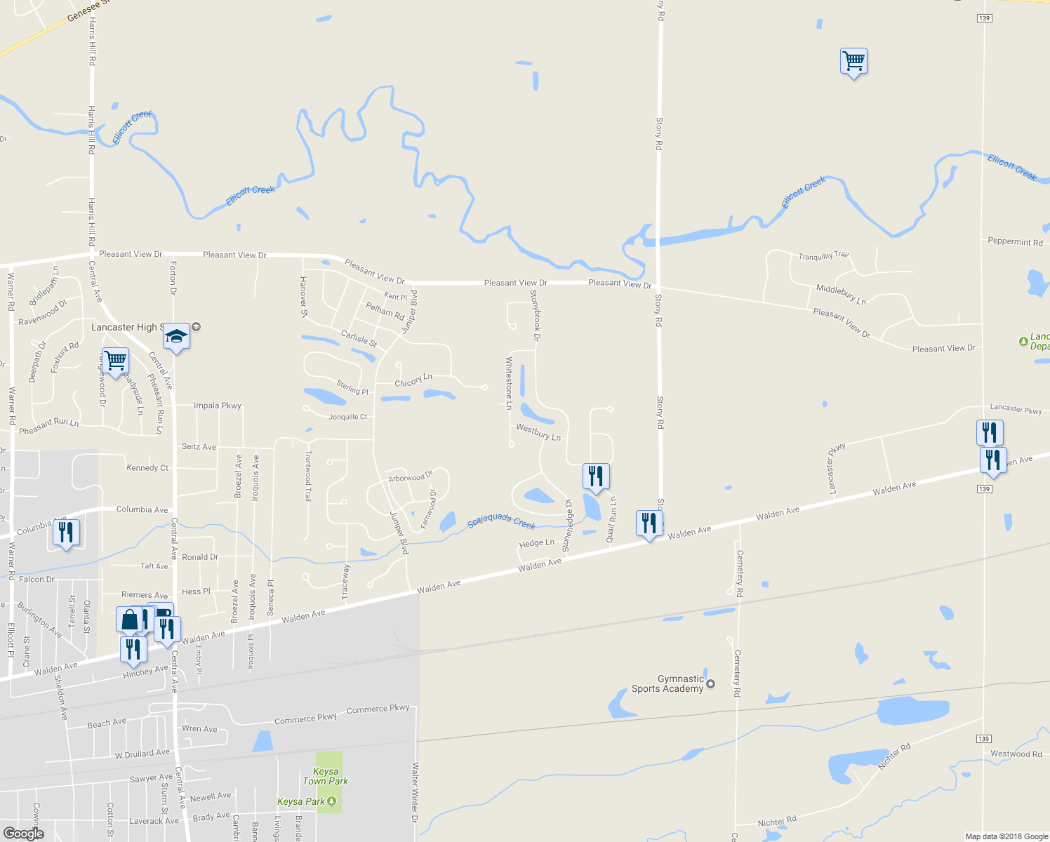 map of restaurants, bars, coffee shops, grocery stores, and more near 13 Westbury Lane in Lancaster