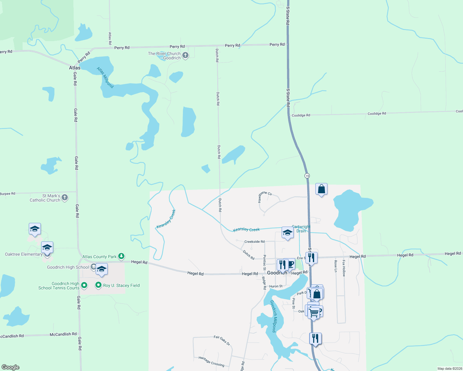 map of restaurants, bars, coffee shops, grocery stores, and more near 7277 Dutch Road in Goodrich